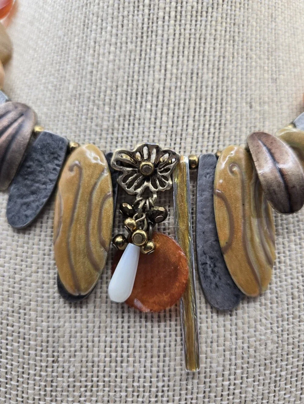Chico's Amber Gold Copper Mixed-Media Statement Choker Artsy Flower Forest Fairy